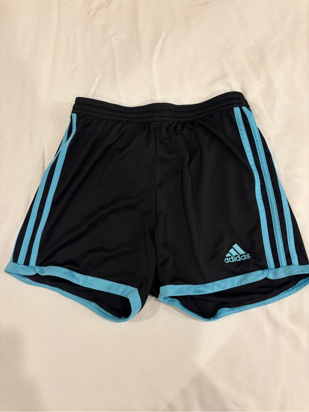 Adidas Vintage Black Athletic Shorts with Light Blue Trim